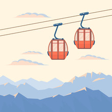 Red Ski Cabin Lift For Mountain Skiers And Snowboarders Moves In The Air On A Cableway On The Background Of Winter Snow Capped Mountains And Sunset, Sunrise. Vector Flat Illustration. 