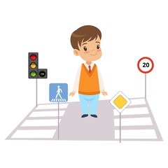 Wall Mural - Cute Boy and Road Signs, Child Learning Rules of Road, Safety of Kids in Traffic Vector Illustration