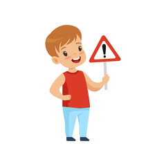 Wall Mural - Cute Smiling Boy Holding Triangle Warning Road Sign,Traffic Education, Rules, Safety of Kids in Traffic Vector Illustration