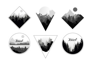 Canvas Print - Set of monochrome landscapes in geometric shapes circle, triangle, rhombus. Natural sceneries with wild pine forests. Flat vector for company logo or camping logo