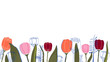 Vector background with tulips and leaves in trendy colors,isolated on white.Simple flat style.