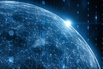 Wall Mural - digital network data globe, view from space and flare of light. artificial intelligence illustration