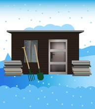 Vector Illustration Of Small Wooden Garden Shed Or Hut With Pitchfork And Shovel In The Winter With A Snowy  Beautiful Landscape And Snowdrift. 