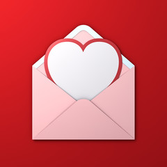 Aufkleber - Blank white heart shape paper cut card with red edge in pink pastel color  envelope isolated on red background with shadow for valentine's day 3D rendering