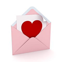 Aufkleber - Blank red heart shape on white paper note in pink pastel color envelope isolated on white background with shadow for valentine's day 3D rendering