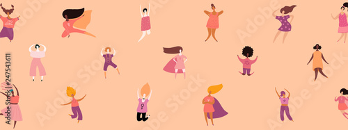 Womens day card, poster, banner, background, with crowd of tiny diverse women...