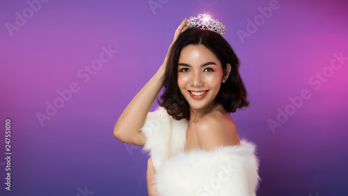 Portrait Of Miss Pageant Beauty Contest In White Fur Evening Dress