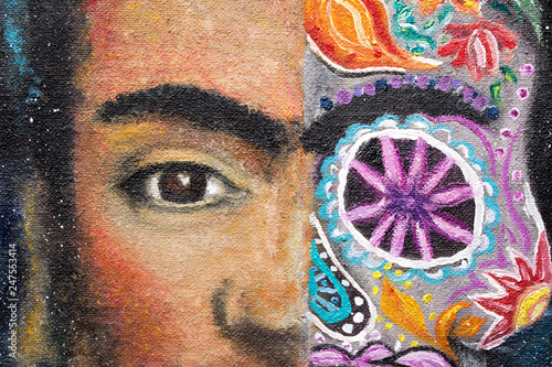Detail of a painting, Portrait of Frida Kahlo sugar skull, oil painting on canva Tableau sur Toile