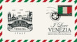 Vector envelope or postcard in retro style with Ponte di Rialto bridge, postmark and postage stamp with Italian flag. Venice architectural attraction. Inscription I love Venezia