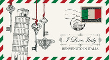 Vector Envelope Or Postcard In Retro Style With Leaning Tower Of Pisa And Old Keys, Postmark In Form Of Roman Coliseum And Postage Stamp With Italian Flag. Calligraphic Inscription I Love Italy