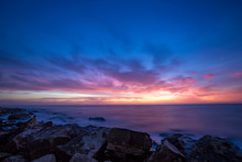 Seascape During Sunrise. Beautiful Natural Seascape, Blue Hour. Sea Sunrise At The Black Sea Coast.