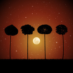 Sticker - Vector landscape with trees on moonlit night. Illustration with silhouettes of maples growing in grass. Full moon in starry sky