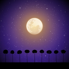 Sticker - Vector landscape with trees on moonlit night. Illustration with silhouettes of maples growing in grass. Full moon in starry sky