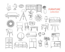 Furniture Collection. Vector Interior Design Elements. Outlined Furniture Drawing. 