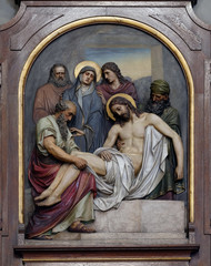 14th Stations of the Cross, Jesus is laid in the tomb and covered in incense, Basilica of the Sacred Heart of Jesus in Zagreb, Croatia 