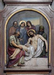 Wall Mural - 14th Stations of the Cross, Jesus is laid in the tomb and covered in incense, Basilica of the Sacred Heart of Jesus in Zagreb, Croatia 