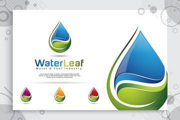 green leaf vector logo design with modern water drop concept, symbol illustration fresh water and leaf vector for healthy And energy industry company.