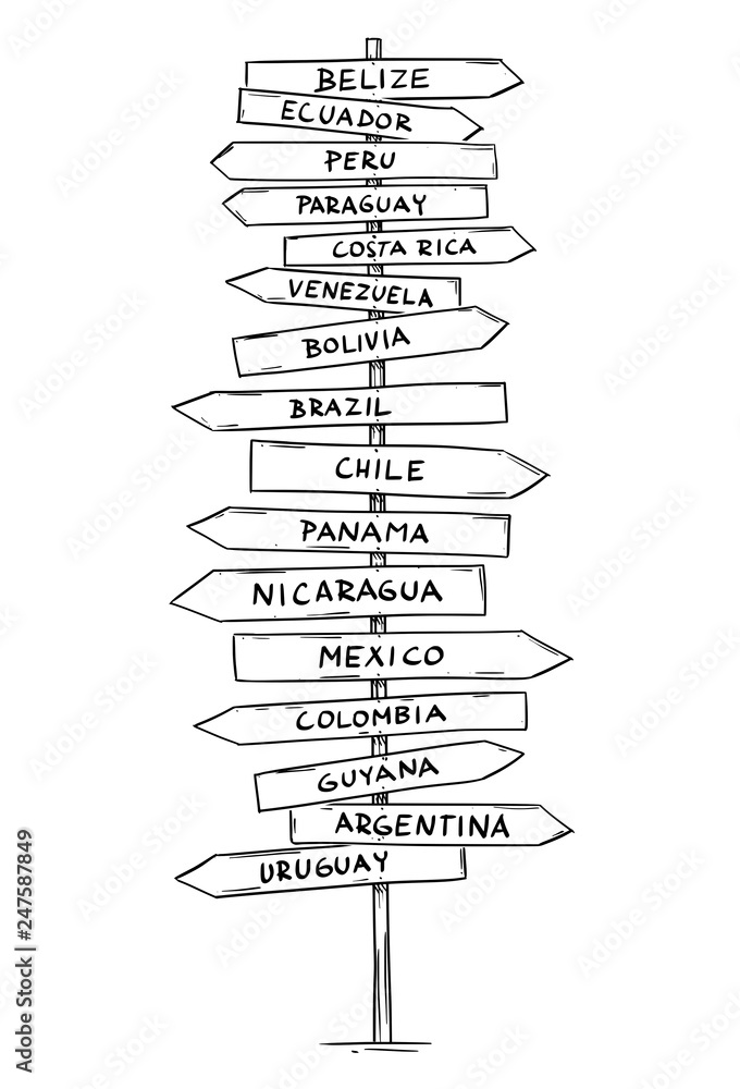Artistic drawing of old wooden directional road arrow sign with names ...