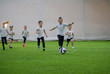 © KONSTANTIN SHISHKIN - Little kids playing football indoors. Children football team playing on the field