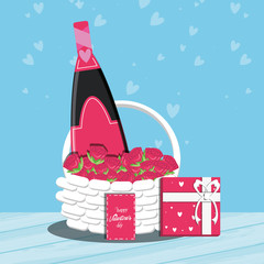 Sticker - valentines day card with bottle wine and basket