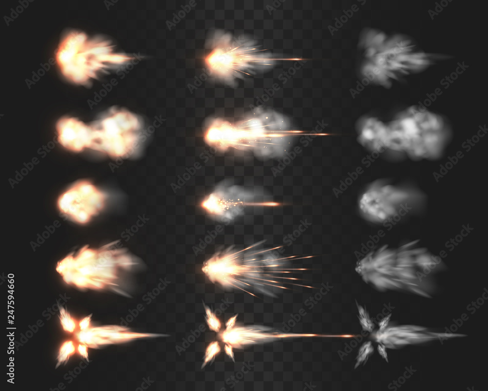 Firearm muzzle flash special effects isolated on transparency grid, various smoke cloud after gun being fired a realistic vector illustrations, rifle, shotgun, pistol or handgun shot flash collection - obrazy, fototapety, plakaty 