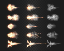 Firearm Muzzle Flash Special Effects Isolated On Transparency Grid, Various Smoke Cloud After Gun Being Fired A Realistic Vector Illustrations, Rifle, Shotgun, Pistol Or Handgun Shot Flash Collection