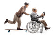 Elderly man riding a longboard and pushing a man holding a steering wheel and sitting in a wheelchair