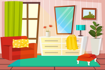 Vector illustration of a cozy cartoon interior of a home room, a living room with an armchair and a chest of drawers, a window and a Ottoman.