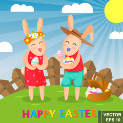 Wall Mural - Happy easter. Rabbit. Egg. Cartoon style. Bright. Emotions. For your design