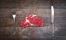Slice Red Meat / Raw Steak With Knife And Fork On Wooden Background