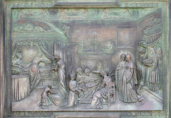 Wall Mural - Nativity of the Virgin, panel of the central door of the Cathedral in Pisa, Italy