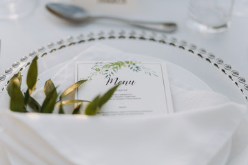 Wall Mural - Classic white set of wedding dinner table. White bouquets as a centerpiece