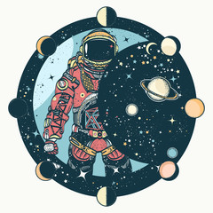 astronaut tattoo and t-shirt design. cosmonaut in universe, solar eclipse. spaceman. symbol of scien
