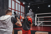 Nothing But Success. Muscular Athlete In Red Gloves Training On Boxing Paws With Partner In Boxing Gym