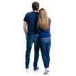 © Kabardins photo - Man and woman hold hands on white background isolation, back view