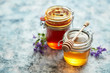 Jars with different kinds of fresh organic honey