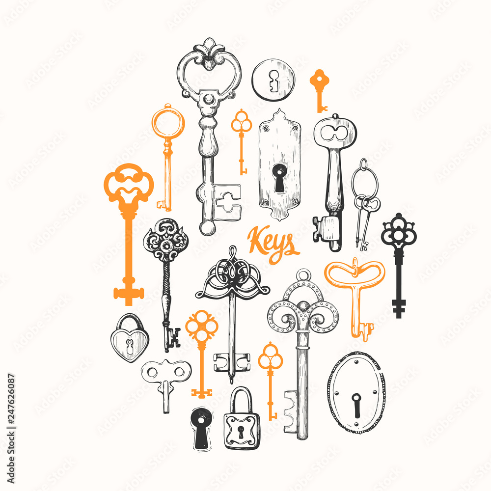 Vector set of hand-drawn antique keys. Illustration in sketch style on ...