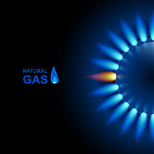 Gas Flame With Blue Reflection On Dark Backdrop. Vector Background. EPS 10