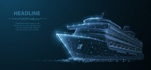 Ship. Abstract Vector Luxury Ruise Liner Ship On Dark Blue Night Sky Background With Dots, Stars.