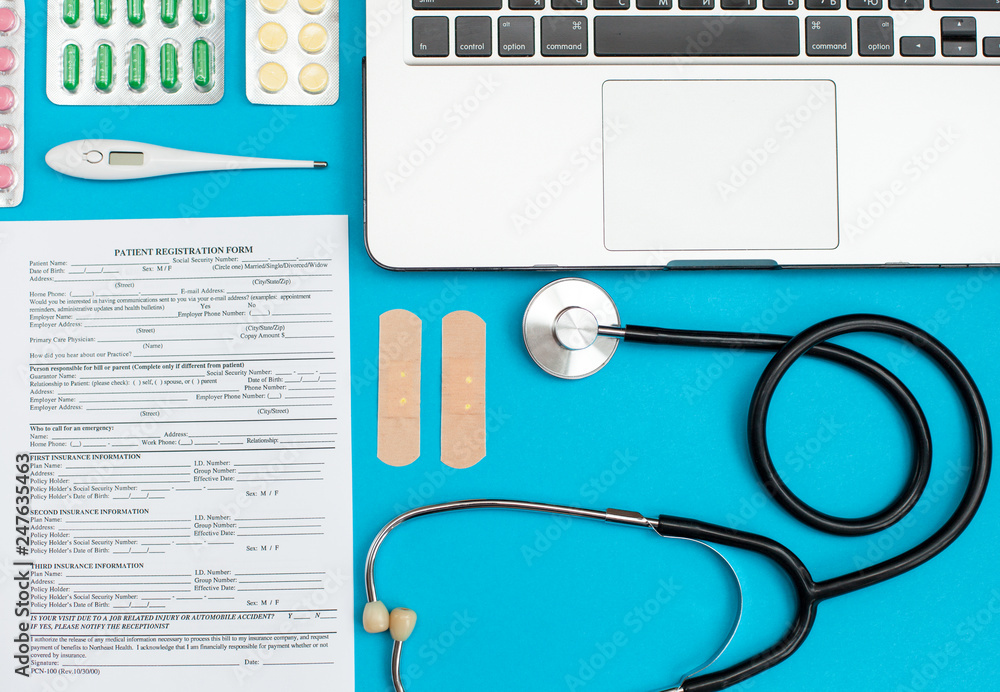 Flatlay of medicines, work tools and accessories doctor, nurse. Medical ...