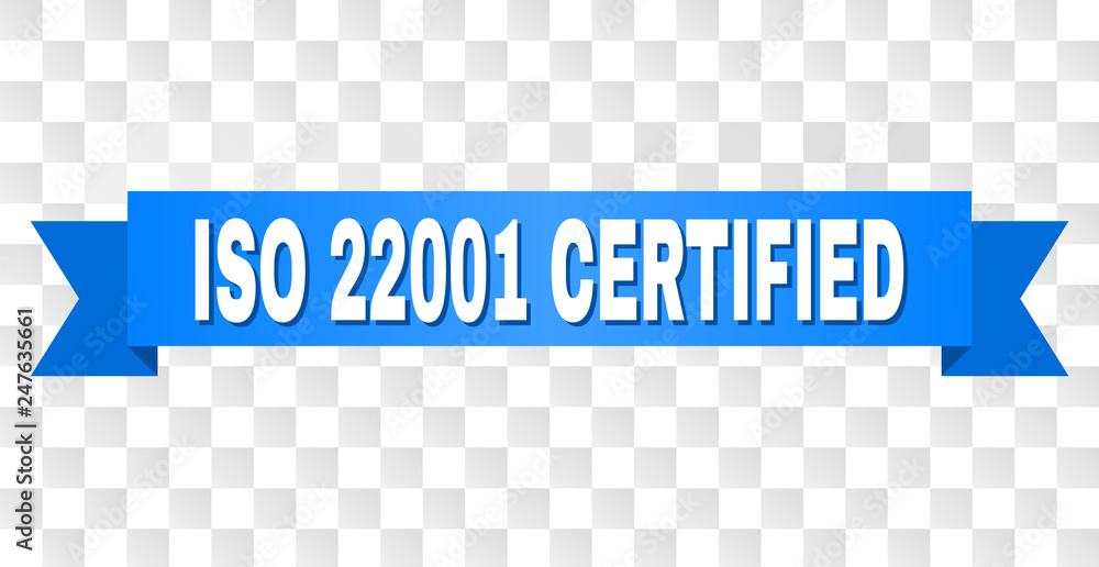 ISO 22001 CERTIFIED text on a ribbon. Designed with white title and ...