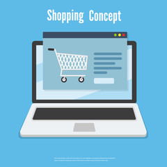 Wall Mural - Online shopping by laptop device, ecommerce concept vector flat design icon