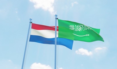 Saudi Arabia and Netherlands, two flags waving against blue sky. 3d image