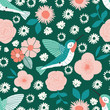 hummingbird garden vector seamless pattern with birds and flowers on a green background