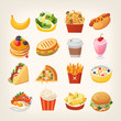 Colorful breakfast food icons. Meals and snacks for a quick lunch. Isolated vector illustrations. Street food, takeaway food, stuff you find at food trucks
