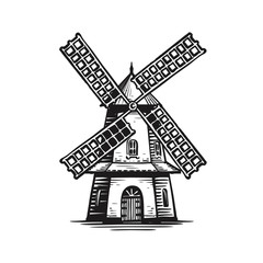 Old wooden windmill, sketch. Agriculture, farming, bakery logo or label. Vintage vector illustration