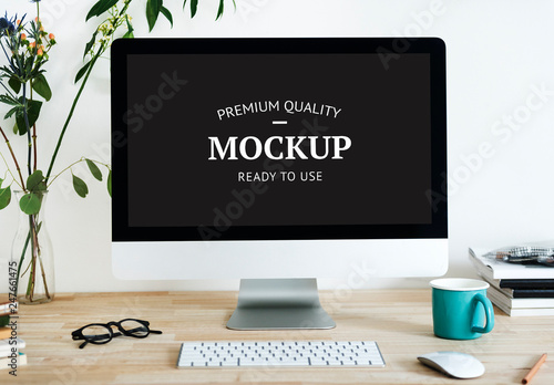 Download Desktop Computer on Wooden Desk Mockup. Buy this stock template and explore similar templates at ...