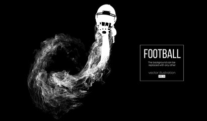 Abstract silhouette of a american football player on dark black background from particles, dust, smoke, steam. Football player holds helmet. Rugby. Background can be changed to any other. Vector