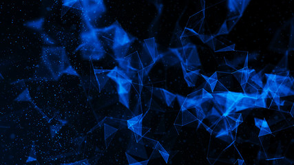 Virtual form of connecting particles in the blue space. Big data visualization. Science. Futuristic polygonal background. Business. 3D rendering.