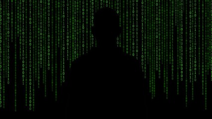 Wall Mural - Hacker standing in front of 01 or binary numbers on the computer screen on monitor background matrix, Digital data code in safety security technology concept. Anonymous